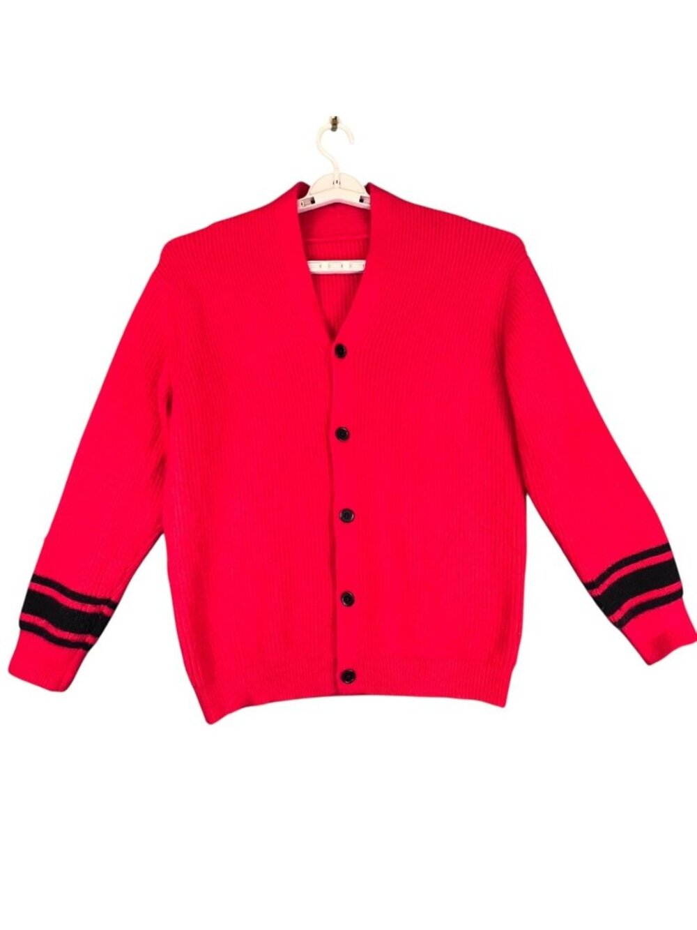 Mens Medium Cardigan Red Sweater Grandpa Core Black Stripe Knit Casual Classic